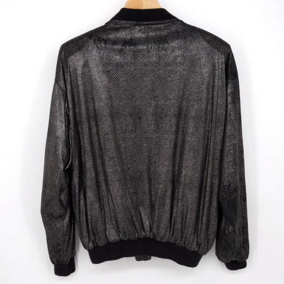 Vintage Metallic Animal Print Dots Windbreaker Bomber Jacket 80s Black Silver L - Picture 4 of 5